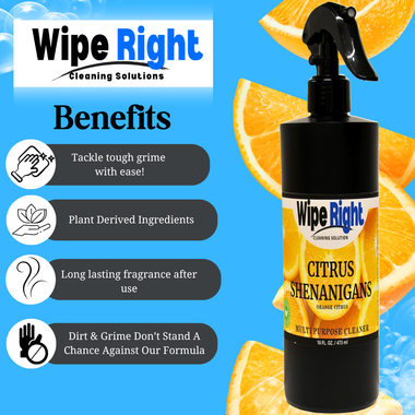 Wipe Right Citrus Shenanigans cleaner with benefits listed on a blue background