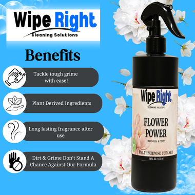 Wipe Right cleaning solution bottle with benefits listed on a blue background with flowers.