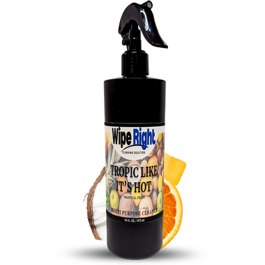 Spray bottle labeled 'Wipe Right' with tropical fruit design on a white background