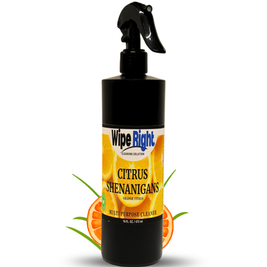 Spray bottle labeled 'Wipe Right Citrus Shenanigans' with orange slices on a white background