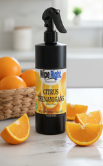 Spray bottle labeled 'Wipe Right Citrus Shenanigans' with oranges on a kitchen counter.