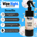 Wipe Right cleaning solution bottle with benefits listed on a blue background with flowers.