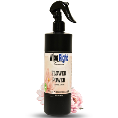 Wipe Right Flower Power multi-purpose cleaner bottle with floral design on a white background