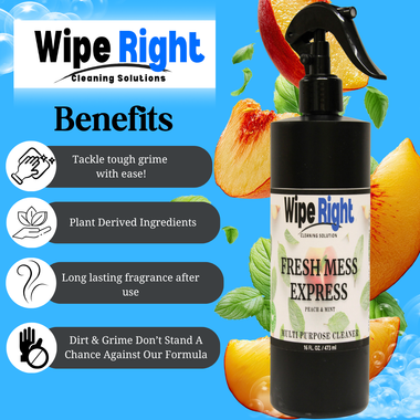 Wipe Right cleaning solution bottle with benefits listed on a blue background with fruit imagery.