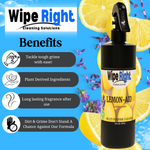 Wipe Right Lemon-Aid multi-purpose cleaner with lemon slices and lavender flowers on a blue background