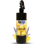 Spray bottle labeled 'Wipe Right Lemon Aid' with lemon and lavender graphics on a white background