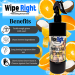 Wipe Right cleaning solution bottle with benefits listed on a blue background with oranges and coconuts.