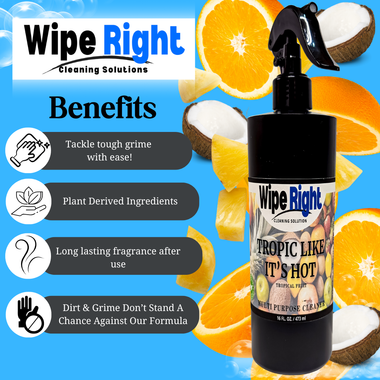 Wipe Right cleaning solution bottle with benefits listed on a blue background with oranges and coconuts.